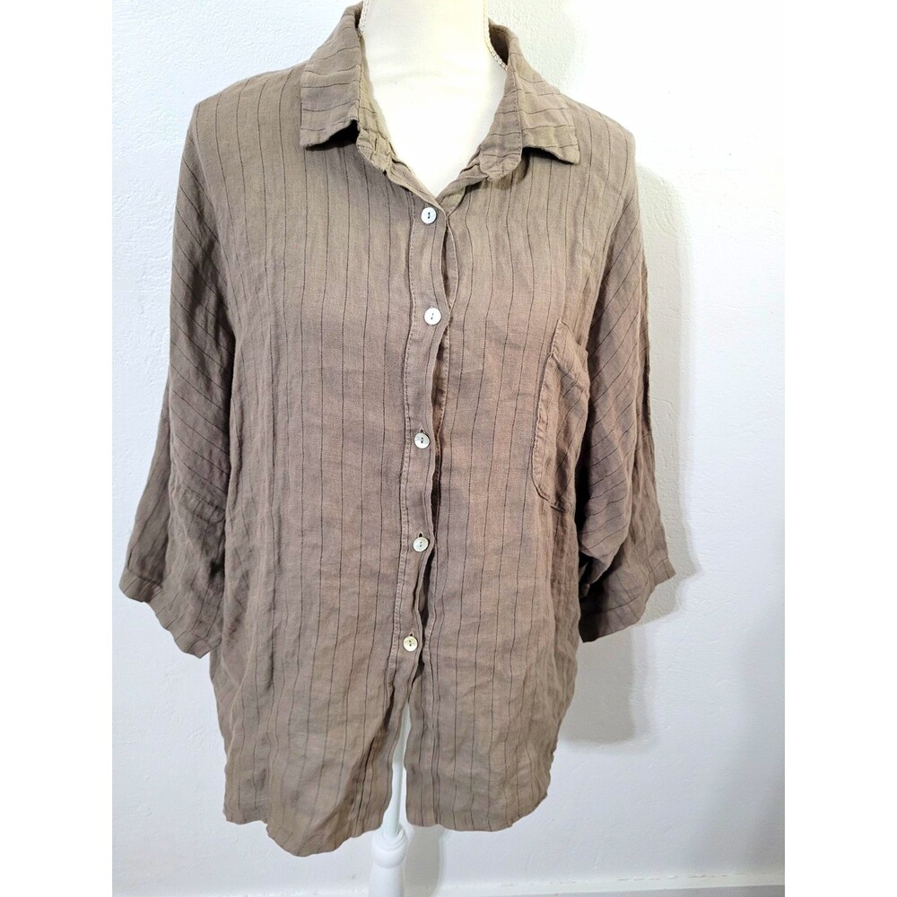 Oversized Linen Blouse Stripe Button Front Collar Casual Laagenlook Beige  Minim
